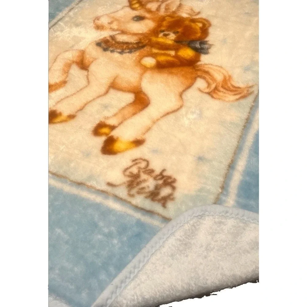 Vtg 80s Baby Mink Unicorn Teddy Bear Blue Plush Crib Blanket Zigzag Trim 43x51